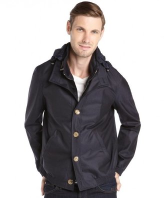 Armani 746 Armani navy cashmere blend woven water resistant hooded coat