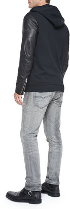Diesel Zip-Front Hoodie W/ Leather Sleeves, Pigment Dyed V-Neck Tee & Thavar 837E Distressed Slim-Leg Jeans