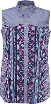 Yours Clothing Blue Multi Tribal Print Sleeveless Shirt With Denim Insert And Trim