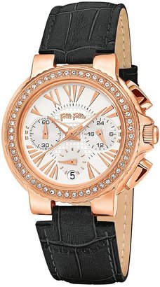 Folli Follie Watchalicious Crystal Set Rose Gold Plated Chronograph Black Leather Strap Ladies Watch