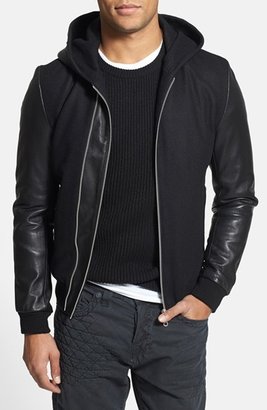 7 Diamonds 'Ace' Wool Blend Hooded Bomber Jacket with Leather Sleeves and Hood