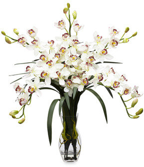 Bed Bath & Beyond Nearly Natural Silk Cymbidium Orchid w/ Vase Flower Arrangement - White