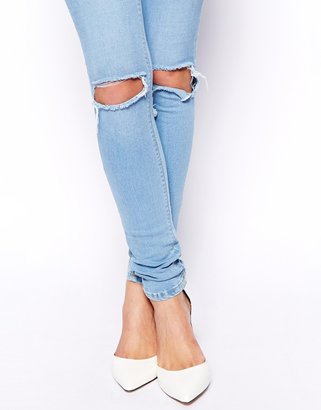 ASOS Ridley High Waist Ultra Skinny Jeans in Watercolour Light Wash Blue with Busted Knees