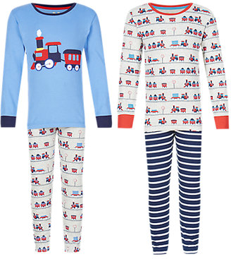 Marks and Spencer 2 Pack Cotton Rich Stay Soft Train Print Pyjamas (1-7 Years)