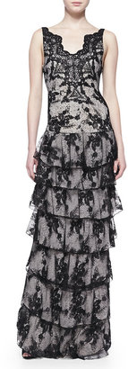 Alice + Olivia Powell Sleeveless Tiered Lace Gown