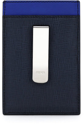 Fendi Two-Tone Money-Clip Credit Card Case, Black/Neon Blue