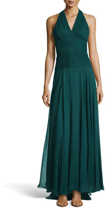 Halston Ruched Crepe Halter Gown, Moss