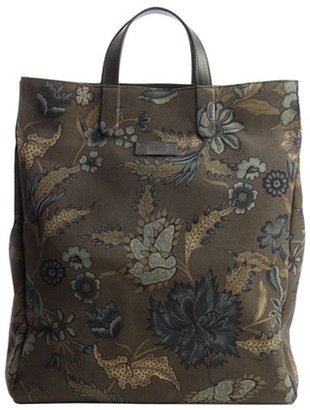 Gucci olive green floral print nylon tote with leather trim