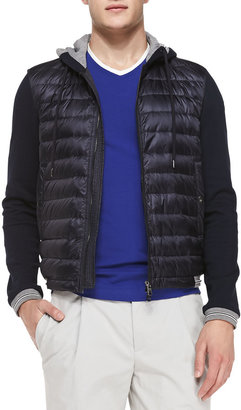 Moncler Mixed-Media Quilted-Front Hooded Jacket, Navy