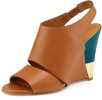 Chloé Leather Slingback Wedge, Brown/Turquoise