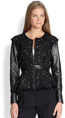 Milly Tweed Leather-Sleeve Peplum Jacket