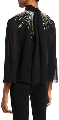 Halston Aidan Embellished High-Neck Caped Blouse