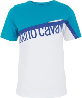 Roberto Cavalli White and Turquoise Branded Tee