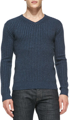 Neiman Marcus Ribbed V-Neck Cashmere Sweater, Blue