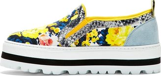 MSGM Blue & Yellow Floral Print Platform Sneakers