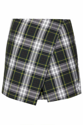 Topshop Asymmetric check print skort with wrap detail. 69% polyester, 31% viscose. machine washable.