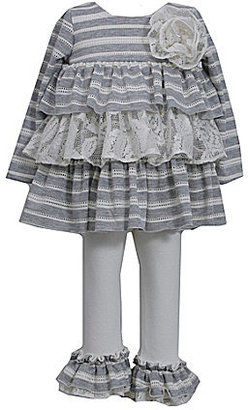 Bonnie Jean 2T-6X Heathered-Stripe/Crocheted Lace Dress & Ruffle-Hem Leggings Set
