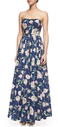 French Connection Spring Bloom Strapless Floral-Print Maxi Dress, Prince Blue