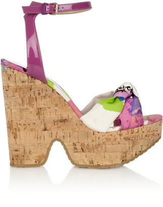 Jimmy Choo Gleam patent-leather and printed twill cork wedges