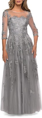 La Femme Lace Applique 3/4-Sleeve Tulle A-Line Gown