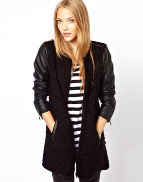 Only Collarless Tweed Coat With Leather Look Sleeve - Black/ash
