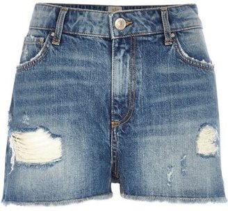 River Island Light ripped high waisted Darcy denim shorts