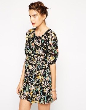 Dahlia Floral Smock Dress with Lace Inserts - Black