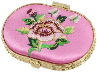 uxcell Woman Pink Embroidered Floral Detail Ellipse Shaped Cosmetic Mirror