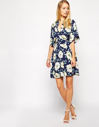 A Question Of ASOS Skater Dress with Kimono Wrap in Large Floral Print