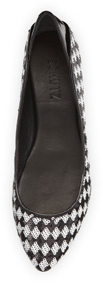Schutz Sequin-Check Pointed Toe Flat, Black/White