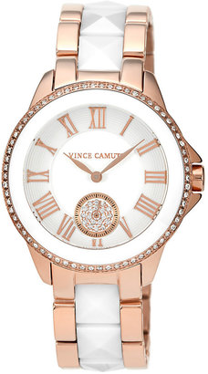 Vince Camuto Watch, Women's White Ceramic Pyramid Stud and Rose Gold-Tone Stainless Steel Bracelet 38mm VC-5046WTRG