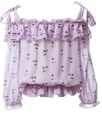 Choies Lavender Cat Print Off-the-shoulder Blouse With Ruffled Detail