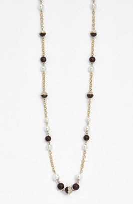 Anne Klein Wood & Glass Pearl Long Station Necklace