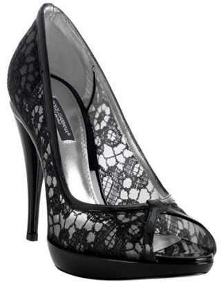 D&G 1024 Dolce & Gabbana black mesh lace overlay peep toe pumps