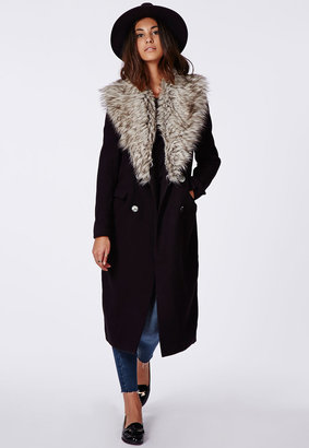 Missguided Black Faux Fur Collar Wool Coat Black