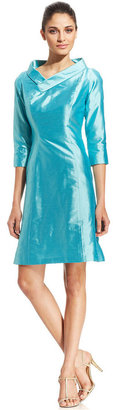 B Michael Three-Quarter-Sleeve Collared Silk Dress