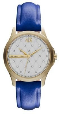 Armani Exchange Ladies pale gold case blue leather strap watch