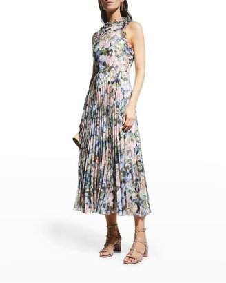 Badgley Mischka Pleated Floral-Print Ruffle Dress