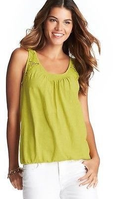 LOFT NWT Cool Olive Sleeveless Scoop Smocked Lace Trim  Shell Shirt