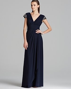 JS Collections Gown - Beaded Cap Sleeve V Neck Jersey