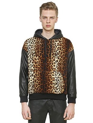 Moschino Hooded Printed Velvet & Leather Jacket