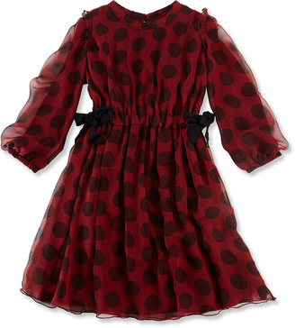 Lanvin Long-Sleeve Dot Silk Dress, Red/Black, Size 6