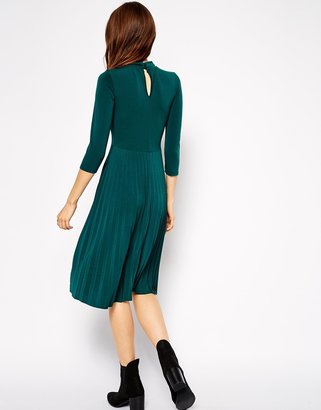 ASOS PETITE Pleated Skater Dress with High Neck and 3/4 Sleeves