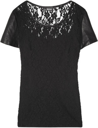 DKNY Leather-sleeved cotton-blend lace top