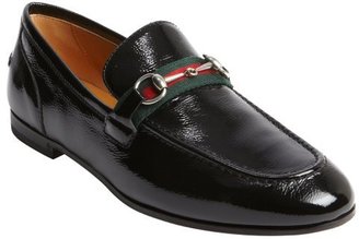 Gucci black patent leather horsebit penny strap loafers