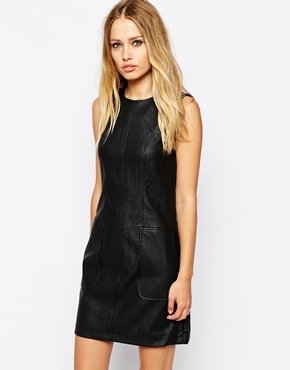 Warehouse Faux Leather Sleeveless Shift Dress - black