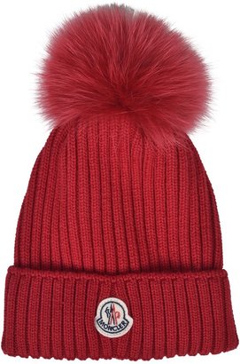 Moncler Deep Red Wool Hat With Fur Pom Pom