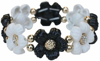 Zirconmania Women' Zirconite Daiy Flower and Crytal Enamel and Gold Electroplated tretch Bracelet - Black