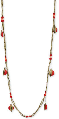 Steve Madden Gold-Tone Shaky Red Bead and Gold Feather Long Adjustable Necklace