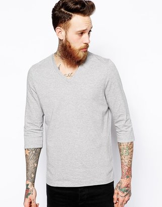 ASOS 3/4 Sleeve T-Shirt With V Neck - Grey marl